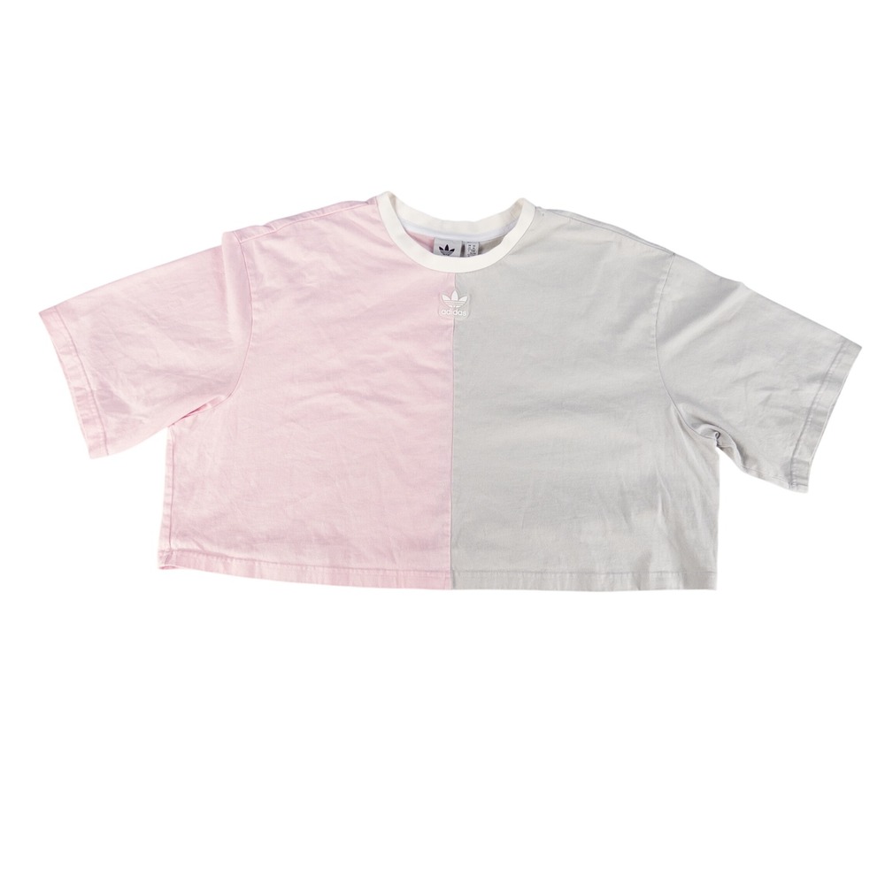Adidas Womens T-Shirt XL Pink Grey Colorblock Cropped Trefoil Logo Tee Sporty
